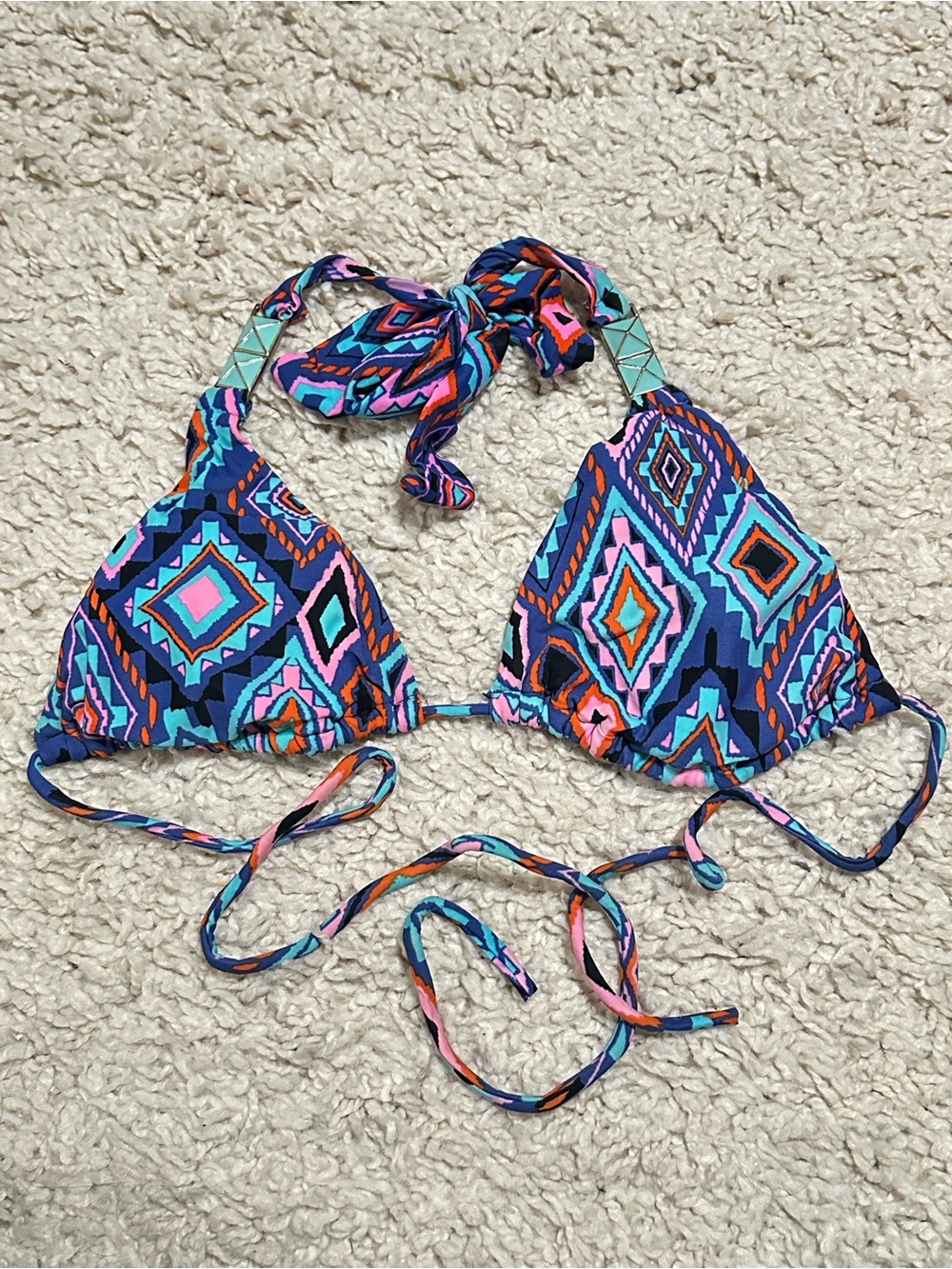 Turquoise Graphic Print Bikini Top